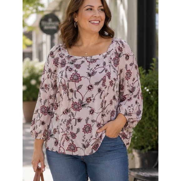LOFT Tops - LOFT Women Blouse Pink Large Floral Square Neck Balloon Sleeve Boho Top